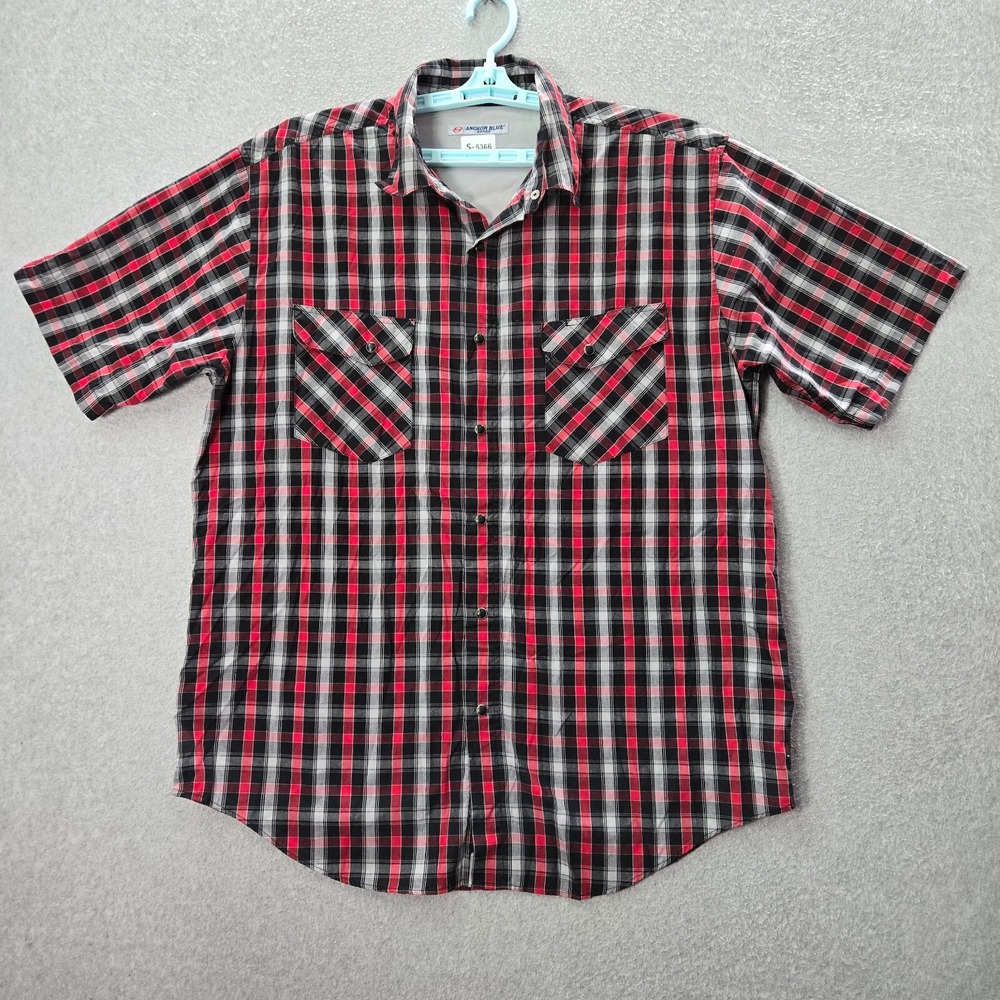 Anchor Blue Men Button‎ Up Shirt 2XL Red Plaid Short Sleeve Collar Y2K